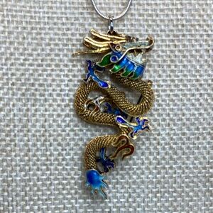 Antique CHINESE DRAGON Gold Gilt 925 Sterling Silver Cloisonné Brooch/Pendant.